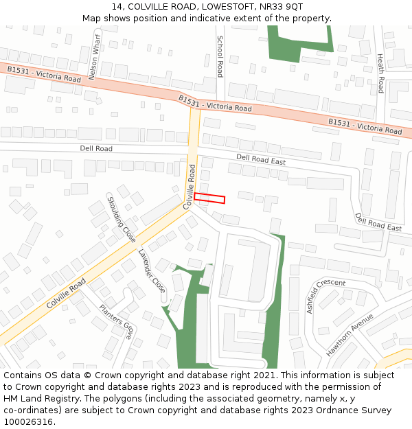 14, COLVILLE ROAD, LOWESTOFT, NR33 9QT: Location map and indicative extent of plot