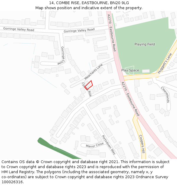 14, COMBE RISE, EASTBOURNE, BN20 9LG: Location map and indicative extent of plot