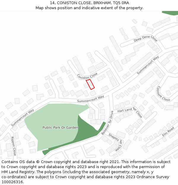 14, CONISTON CLOSE, BRIXHAM, TQ5 0RA: Location map and indicative extent of plot