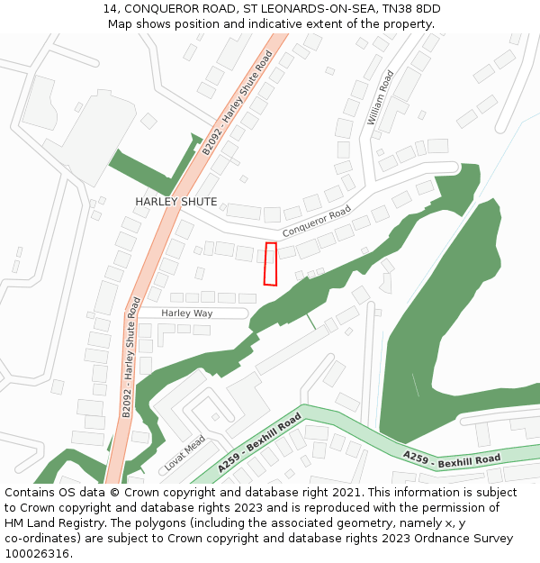 14, CONQUEROR ROAD, ST LEONARDS-ON-SEA, TN38 8DD: Location map and indicative extent of plot