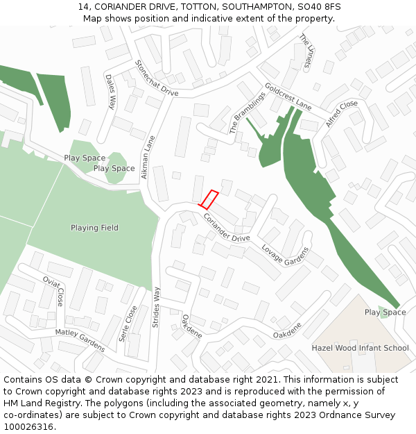 14, CORIANDER DRIVE, TOTTON, SOUTHAMPTON, SO40 8FS: Location map and indicative extent of plot