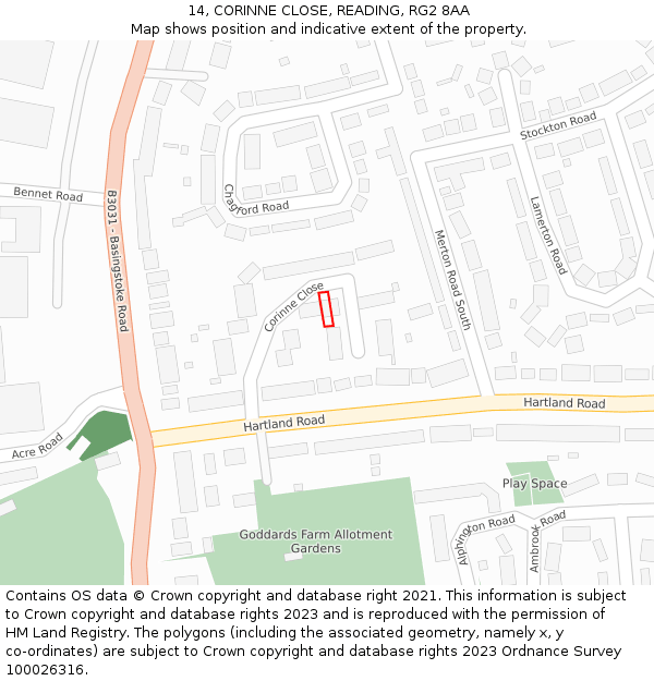 14, CORINNE CLOSE, READING, RG2 8AA: Location map and indicative extent of plot