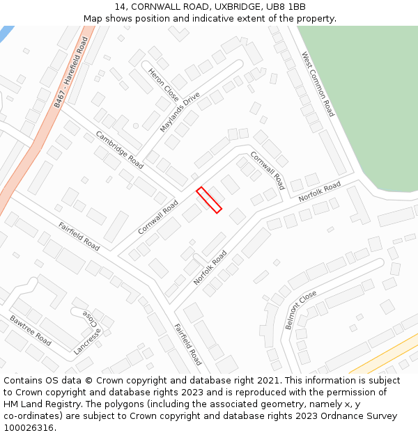 14, CORNWALL ROAD, UXBRIDGE, UB8 1BB: Location map and indicative extent of plot