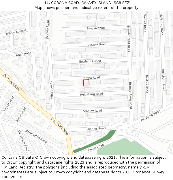 14, CORONA ROAD, CANVEY ISLAND, SS8 8EZ: Location map and indicative extent of plot