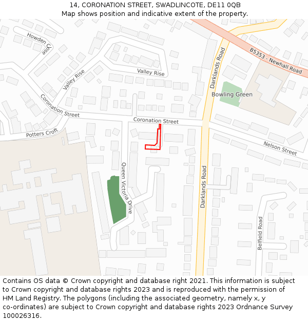 14, CORONATION STREET, SWADLINCOTE, DE11 0QB: Location map and indicative extent of plot