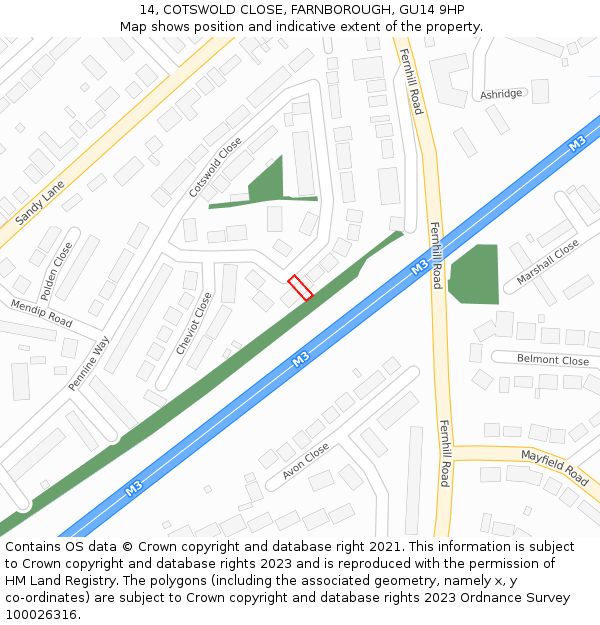 14, COTSWOLD CLOSE, FARNBOROUGH, GU14 9HP: Location map and indicative extent of plot