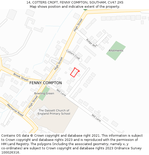 14, COTTERS CROFT, FENNY COMPTON, SOUTHAM, CV47 2XS: Location map and indicative extent of plot