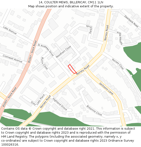 14, COULTER MEWS, BILLERICAY, CM11 1LN: Location map and indicative extent of plot