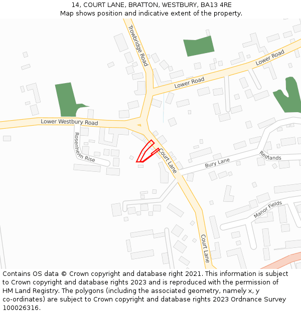 14, COURT LANE, BRATTON, WESTBURY, BA13 4RE: Location map and indicative extent of plot