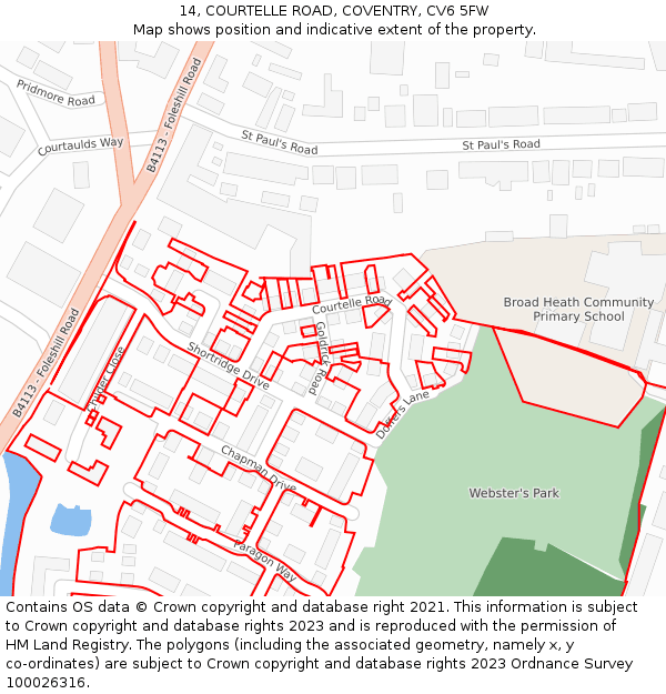 14, COURTELLE ROAD, COVENTRY, CV6 5FW: Location map and indicative extent of plot