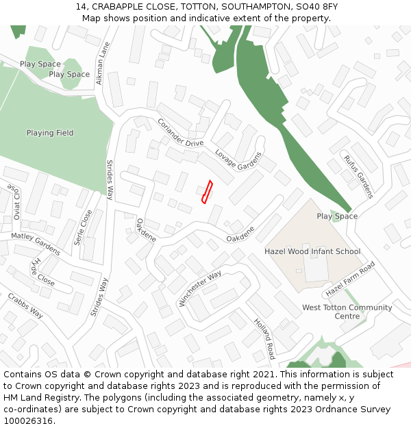 14, CRABAPPLE CLOSE, TOTTON, SOUTHAMPTON, SO40 8FY: Location map and indicative extent of plot