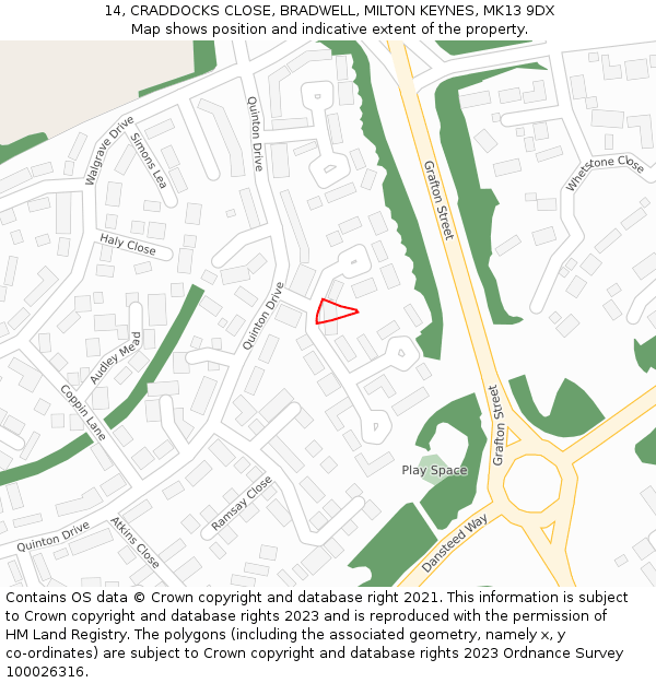 14, CRADDOCKS CLOSE, BRADWELL, MILTON KEYNES, MK13 9DX: Location map and indicative extent of plot