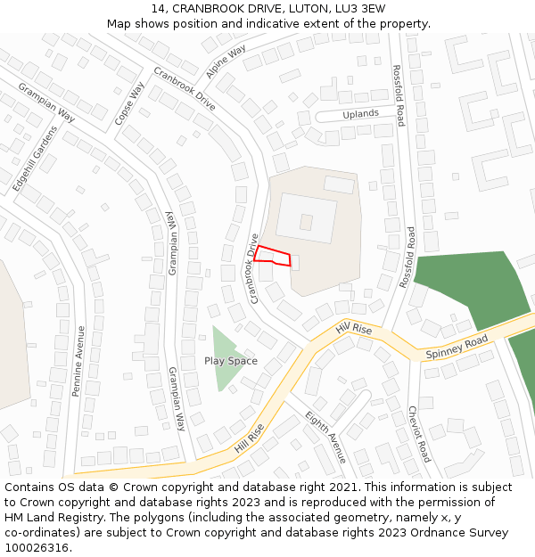 14, CRANBROOK DRIVE, LUTON, LU3 3EW: Location map and indicative extent of plot