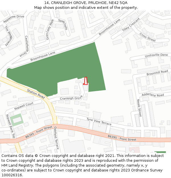 14, CRANLEIGH GROVE, PRUDHOE, NE42 5QA: Location map and indicative extent of plot