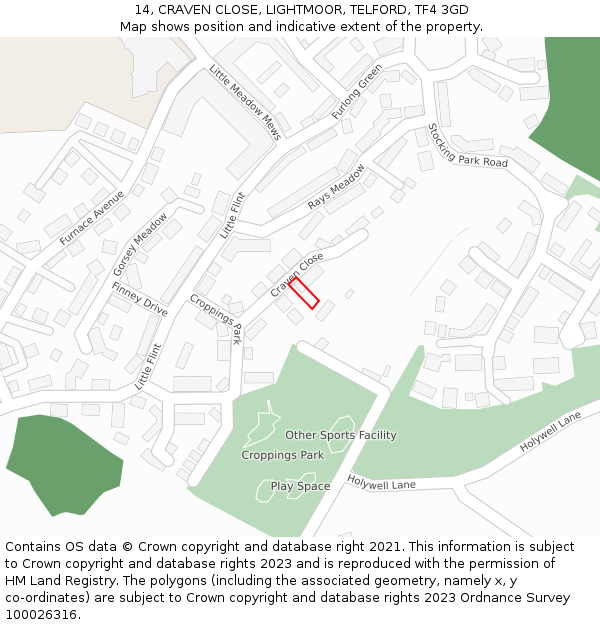 14, CRAVEN CLOSE, LIGHTMOOR, TELFORD, TF4 3GD: Location map and indicative extent of plot