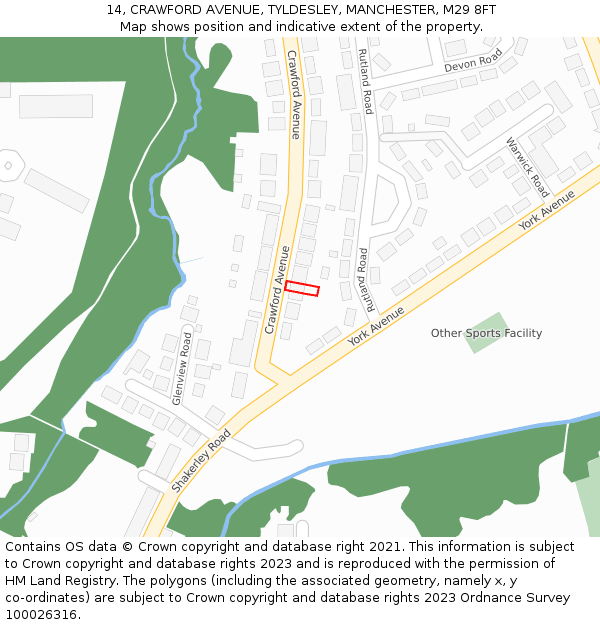 14, CRAWFORD AVENUE, TYLDESLEY, MANCHESTER, M29 8FT: Location map and indicative extent of plot