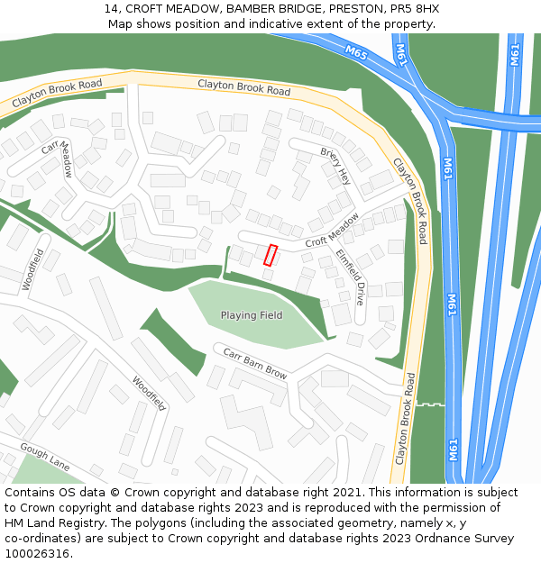 14, CROFT MEADOW, BAMBER BRIDGE, PRESTON, PR5 8HX: Location map and indicative extent of plot