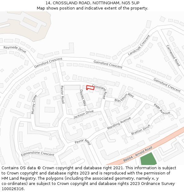 14, CROSSLAND ROAD, NOTTINGHAM, NG5 5UP: Location map and indicative extent of plot