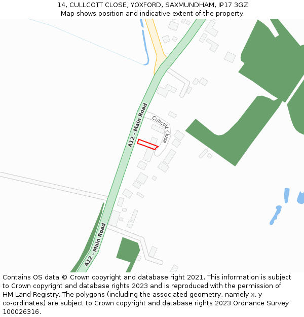 14, CULLCOTT CLOSE, YOXFORD, SAXMUNDHAM, IP17 3GZ: Location map and indicative extent of plot