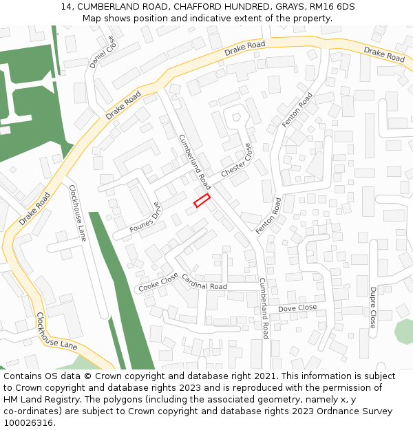 14, CUMBERLAND ROAD, CHAFFORD HUNDRED, GRAYS, RM16 6DS: Location map and indicative extent of plot