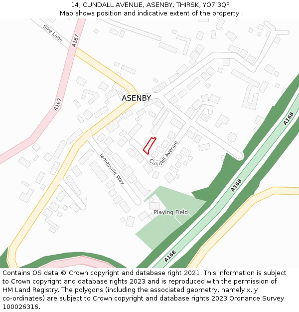 14, CUNDALL AVENUE, ASENBY, THIRSK, YO7 3QF: Location map and indicative extent of plot