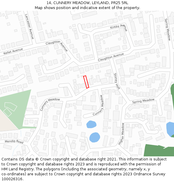 14, CUNNERY MEADOW, LEYLAND, PR25 5RL: Location map and indicative extent of plot