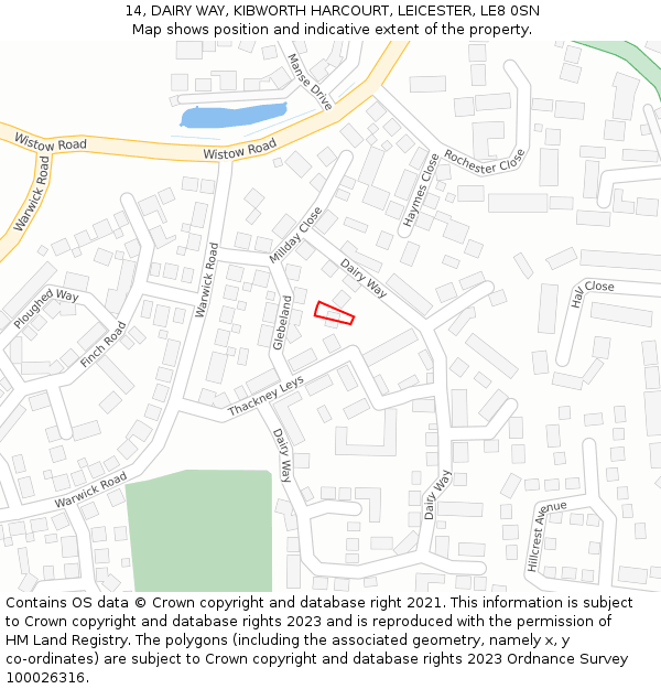 14, DAIRY WAY, KIBWORTH HARCOURT, LEICESTER, LE8 0SN: Location map and indicative extent of plot