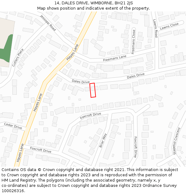 14, DALES DRIVE, WIMBORNE, BH21 2JS: Location map and indicative extent of plot