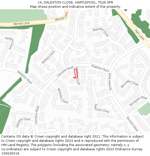 14, DALESTON CLOSE, HARTLEPOOL, TS26 0PR: Location map and indicative extent of plot