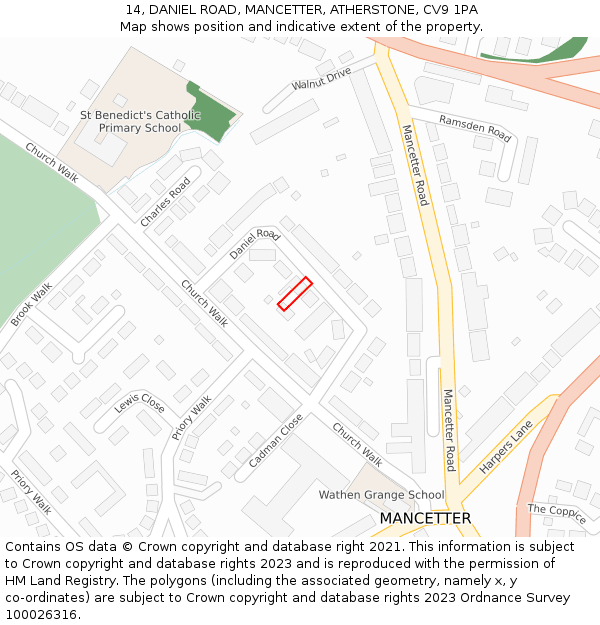 14, DANIEL ROAD, MANCETTER, ATHERSTONE, CV9 1PA: Location map and indicative extent of plot