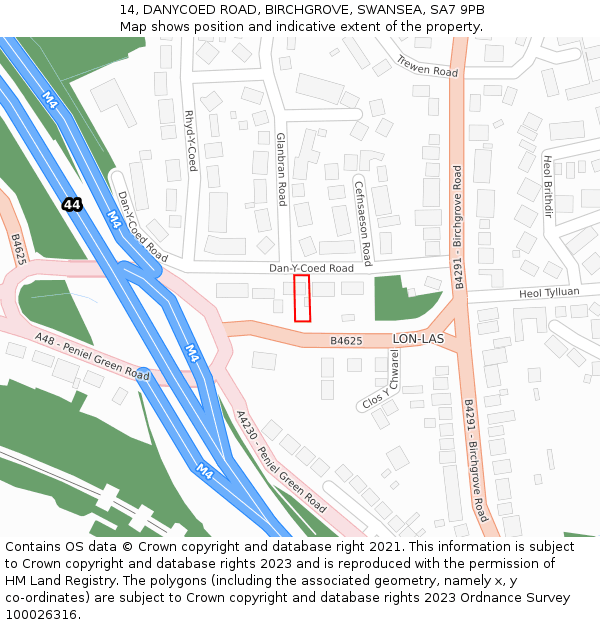 14, DANYCOED ROAD, BIRCHGROVE, SWANSEA, SA7 9PB: Location map and indicative extent of plot