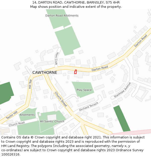 14, DARTON ROAD, CAWTHORNE, BARNSLEY, S75 4HR: Location map and indicative extent of plot