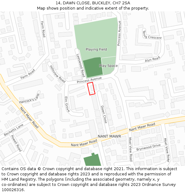 14, DAWN CLOSE, BUCKLEY, CH7 2SA: Location map and indicative extent of plot