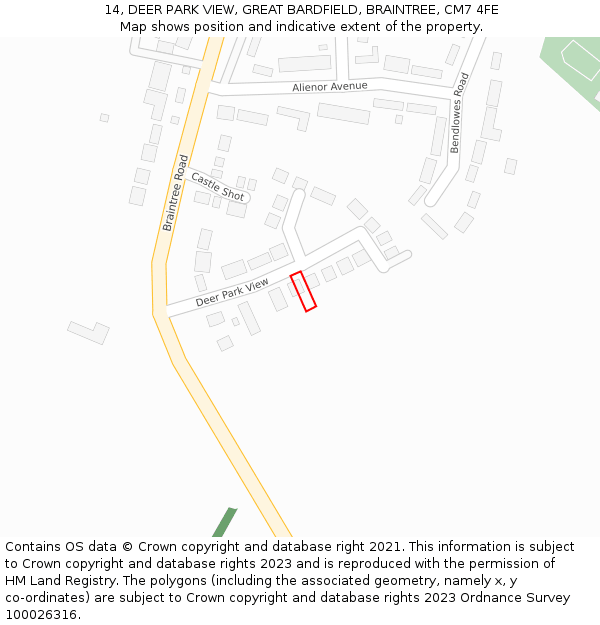 14, DEER PARK VIEW, GREAT BARDFIELD, BRAINTREE, CM7 4FE: Location map and indicative extent of plot