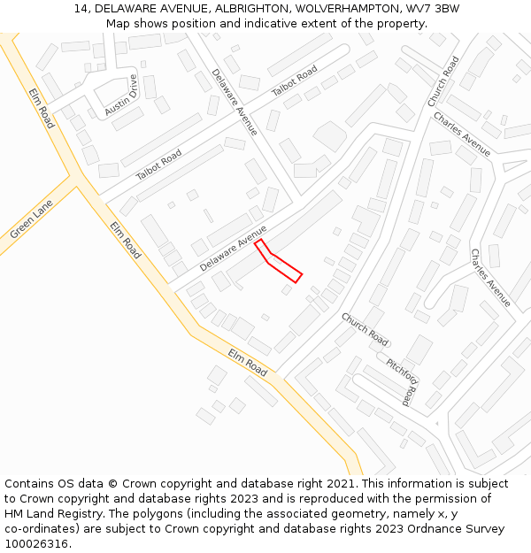 14, DELAWARE AVENUE, ALBRIGHTON, WOLVERHAMPTON, WV7 3BW: Location map and indicative extent of plot