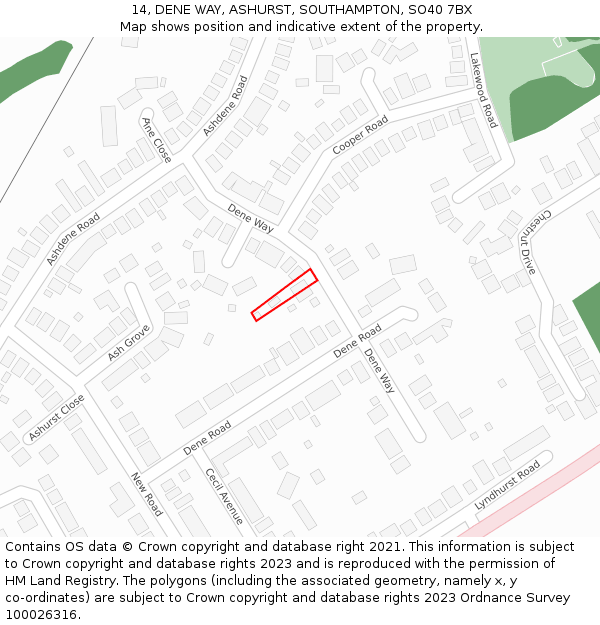 14, DENE WAY, ASHURST, SOUTHAMPTON, SO40 7BX: Location map and indicative extent of plot