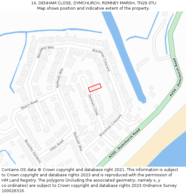 14, DENHAM CLOSE, DYMCHURCH, ROMNEY MARSH, TN29 0TU: Location map and indicative extent of plot