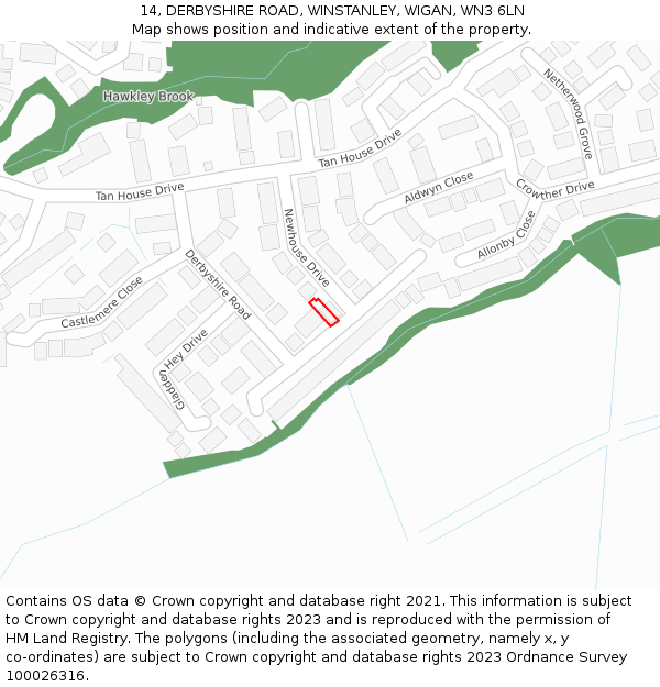 14, DERBYSHIRE ROAD, WINSTANLEY, WIGAN, WN3 6LN: Location map and indicative extent of plot