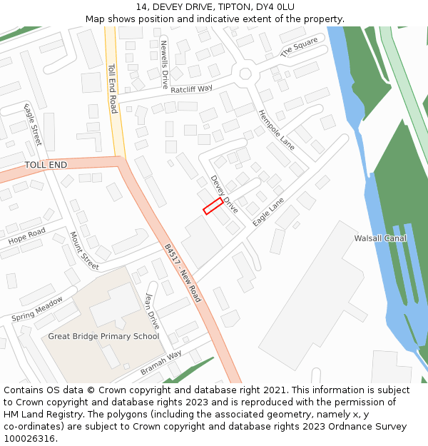 14, DEVEY DRIVE, TIPTON, DY4 0LU: Location map and indicative extent of plot