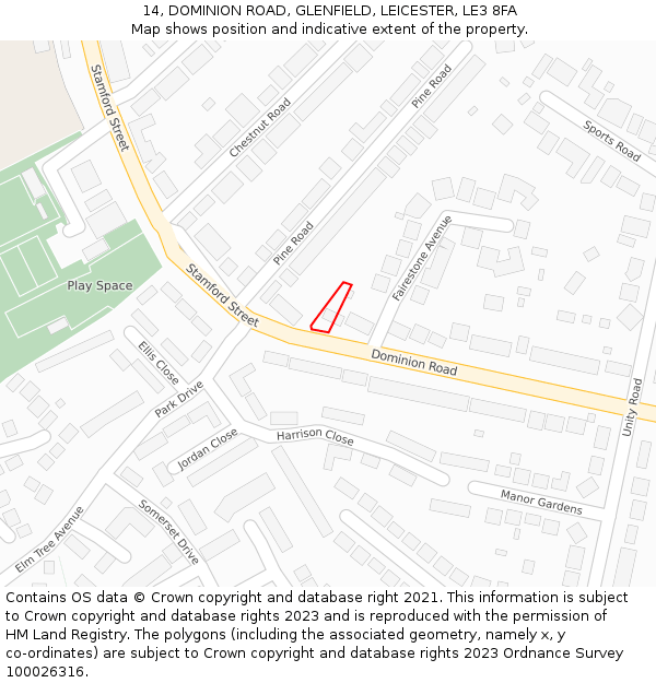 14, DOMINION ROAD, GLENFIELD, LEICESTER, LE3 8FA: Location map and indicative extent of plot