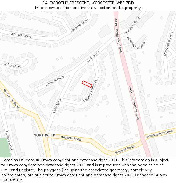 14, DOROTHY CRESCENT, WORCESTER, WR3 7DD: Location map and indicative extent of plot