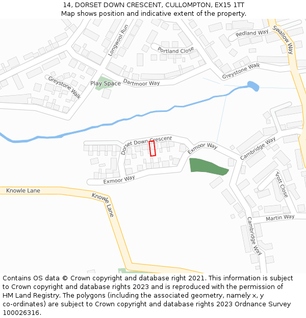 14, DORSET DOWN CRESCENT, CULLOMPTON, EX15 1TT: Location map and indicative extent of plot