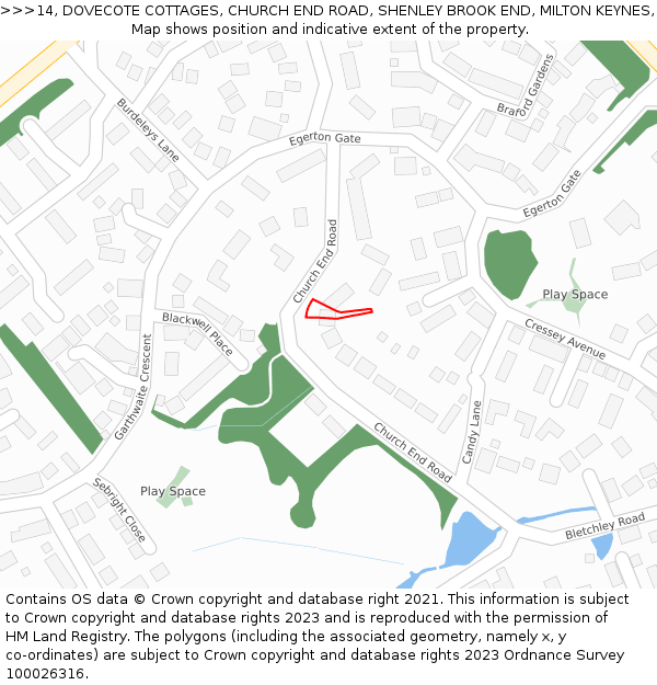 14, DOVECOTE COTTAGES, CHURCH END ROAD, SHENLEY BROOK END, MILTON KEYNES, MK5 7AA: Location map and indicative extent of plot