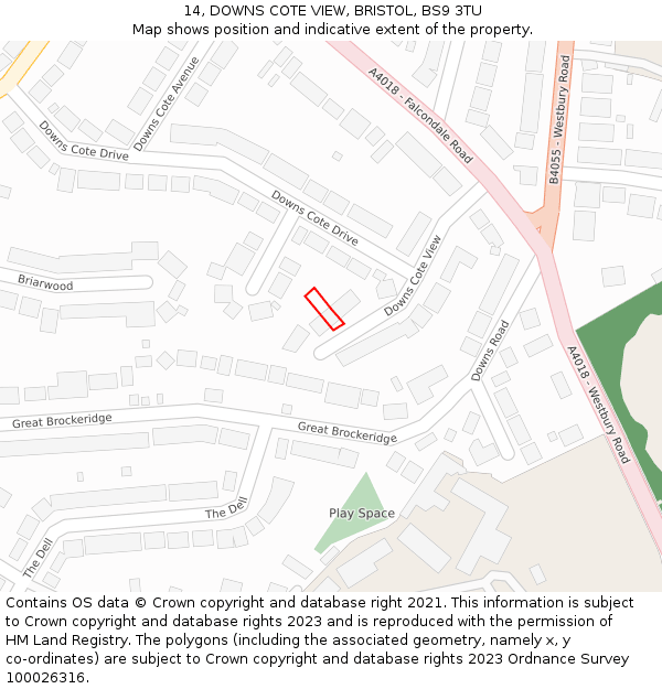 14, DOWNS COTE VIEW, BRISTOL, BS9 3TU: Location map and indicative extent of plot