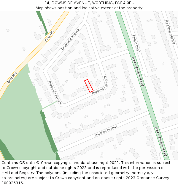 14, DOWNSIDE AVENUE, WORTHING, BN14 0EU: Location map and indicative extent of plot