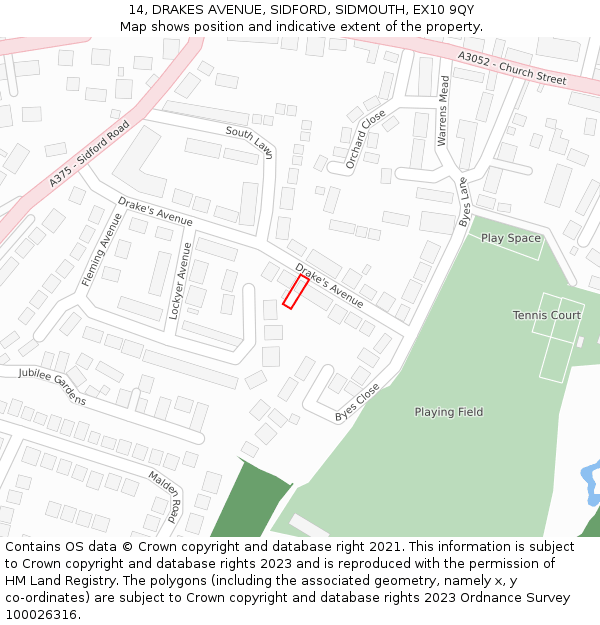 14, DRAKES AVENUE, SIDFORD, SIDMOUTH, EX10 9QY: Location map and indicative extent of plot