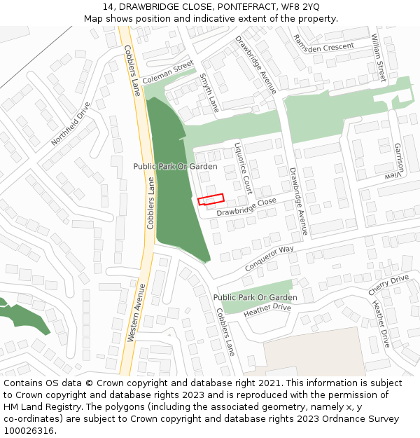 14, DRAWBRIDGE CLOSE, PONTEFRACT, WF8 2YQ: Location map and indicative extent of plot