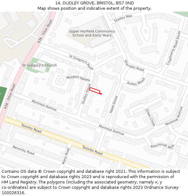 14, DUDLEY GROVE, BRISTOL, BS7 0ND: Location map and indicative extent of plot