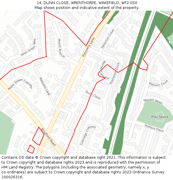 14, DUNN CLOSE, WRENTHORPE, WAKEFIELD, WF2 0SX: Location map and indicative extent of plot