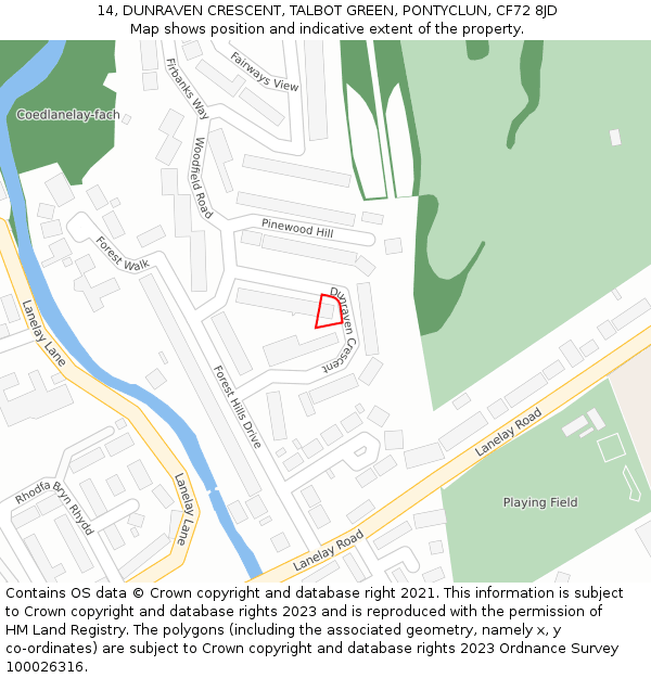 14, DUNRAVEN CRESCENT, TALBOT GREEN, PONTYCLUN, CF72 8JD: Location map and indicative extent of plot